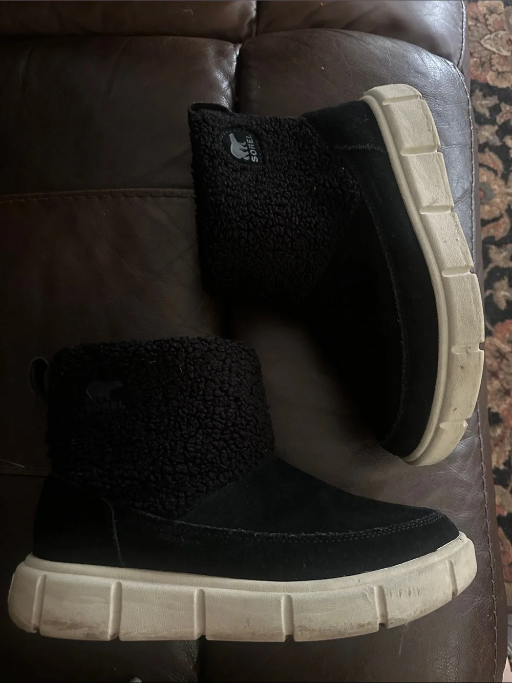 Sorel woman’s explorer 3 Black Suede Fold-Over Sherpa Boot with Cream Sole